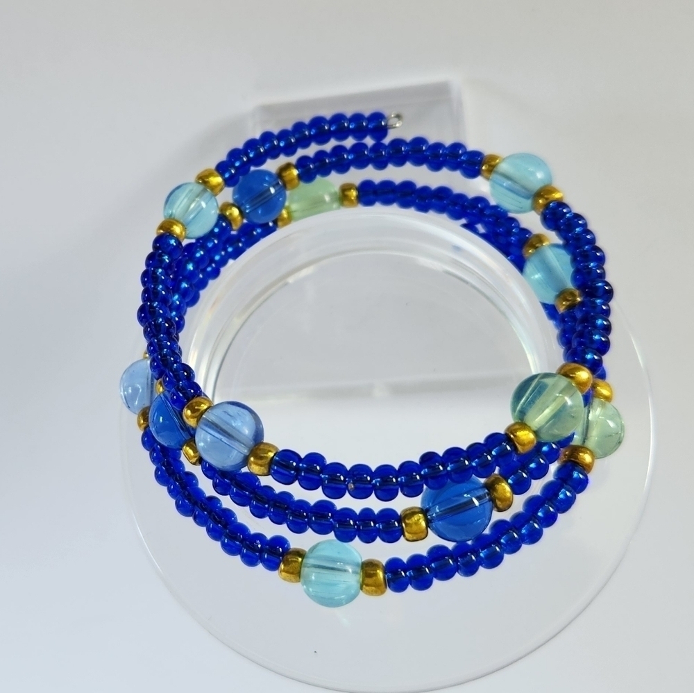 Hand Crafted Memory Wire Coil Bracelet Glass Beads Royal Blue Gold Green Blue